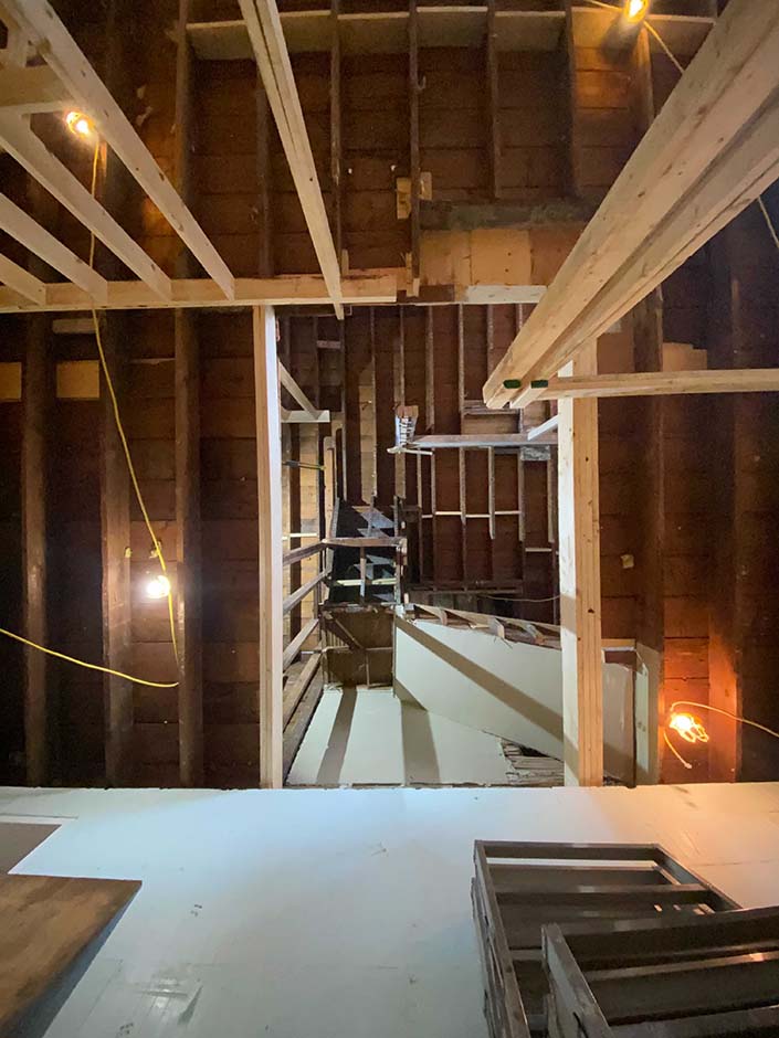 Looking up at the framing (and soon to be staircase) from the basement.