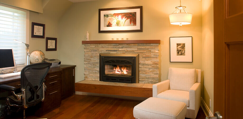 Functional home office design consideration with a cozy fireplace makes it inviting