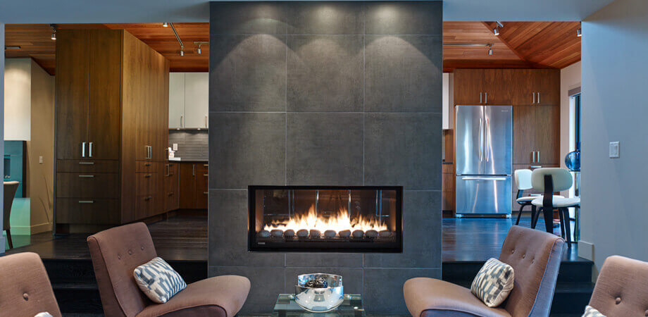 Burnaby lynndale renovation open concept living dual-sided fireplace