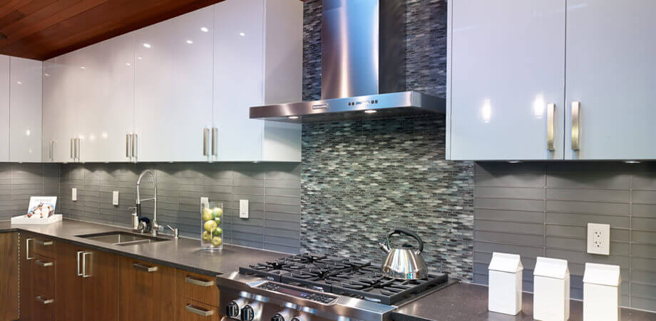 Burnaby lynndale renovation glass mosaic kitchen range backsplash