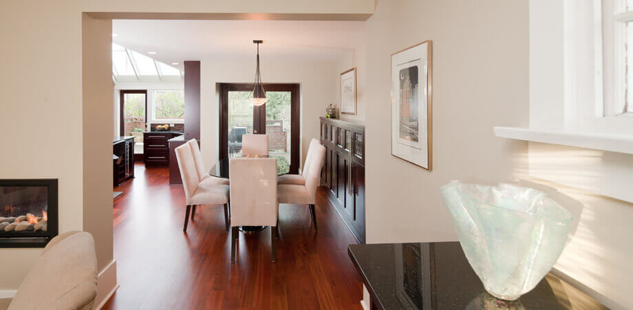 dining table from living room area of traditional Vancouver home renovated for entertaining