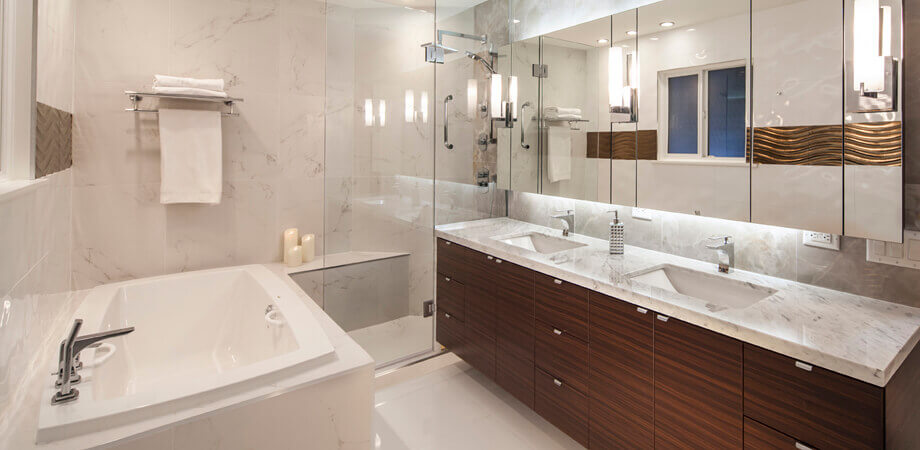 function and luxury meet in this dual sink soaker tub and standing shower north vancouver bathroom